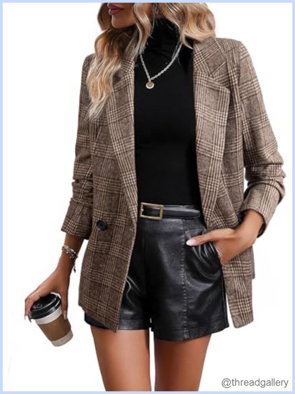 Plaid Blazer Classic Lapel Collar Double Breasted Open Front Work Suit with